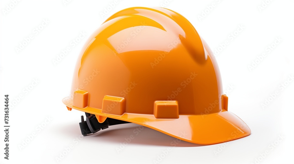 A detailed and close-up view of an orange construction safety helmet, meticulously isolated against a clean white background. A detailed and close-up view of an orange construction safety helmet, meticulously isolated against a clean white background.