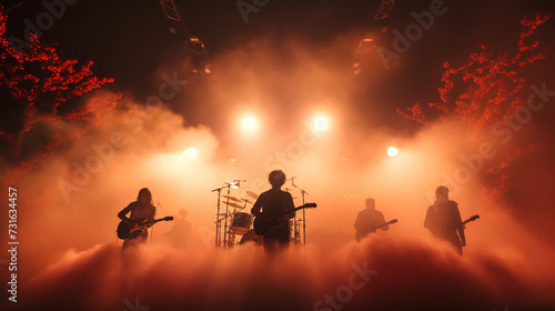 Band Silhouette. View of stage during rock concert with musical instruments and scene stage lights, rock show performance. Electric guitar.