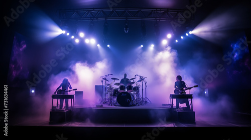 Band Silhouette. View of stage during rock concert with musical instruments and scene stage lights, rock show performance. Electric guitar.