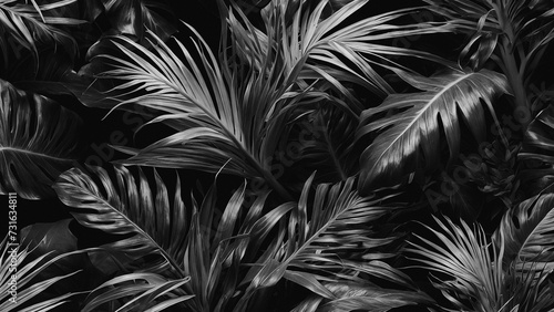 Black and white Jungle leaves photograph. Monochrome Leaves backdrop
