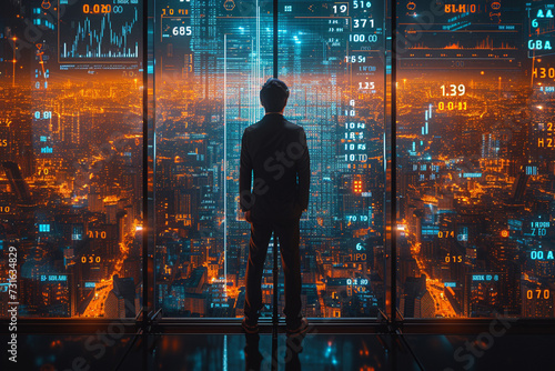Businessman standing on top of tall building looking down at city lights