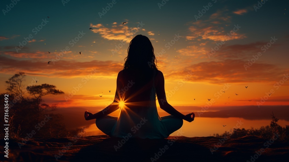 Girl meditation energy pos sunset background AI generated picture