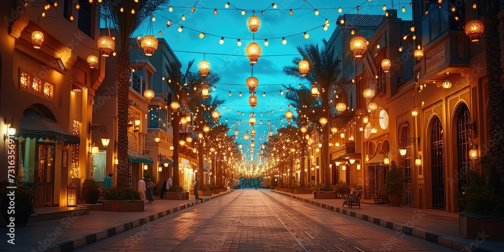 Ramadan in the City: A vibrant city scene at night during Ramadan, with streets lit by lanterns and buildings adorned with lights - obrazy, fototapety, plakaty 