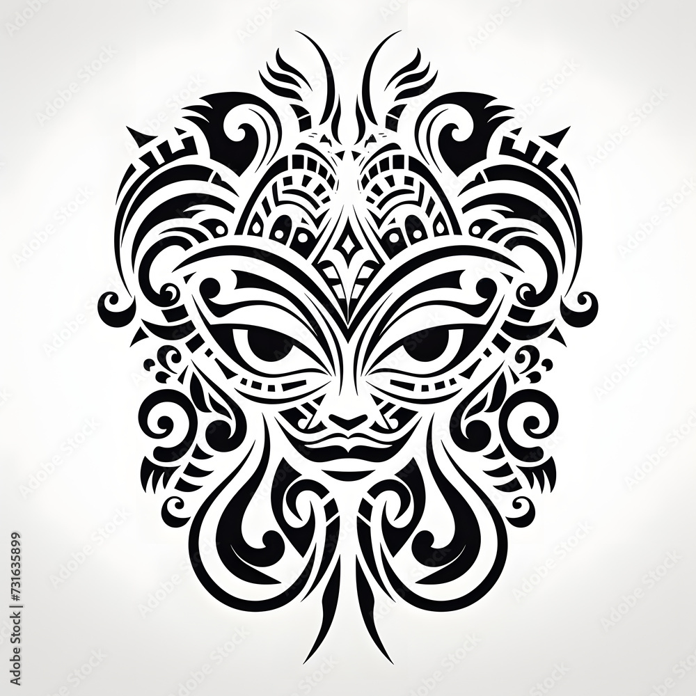 black tribal tattoo design resembling a mask or face with intricate patterns and details. black tribal tattoo design resembling a mask or face with intricate patterns and details.