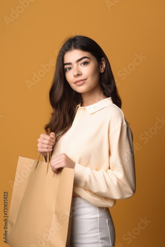 a studio shot of a beautiful young woman holding an empty shopping bag