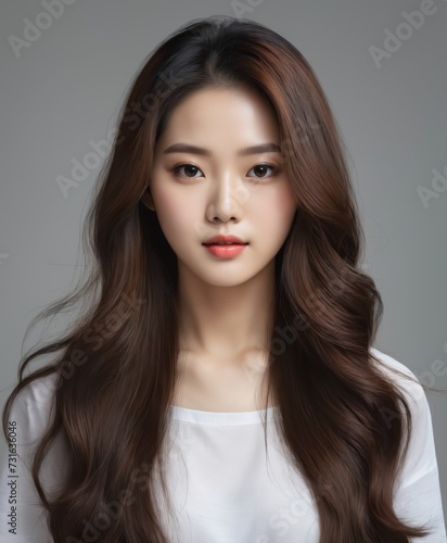 long hair of Korean beautiful girl on a gray background