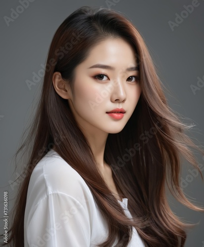 long hair of Korean beautiful girl on a gray background