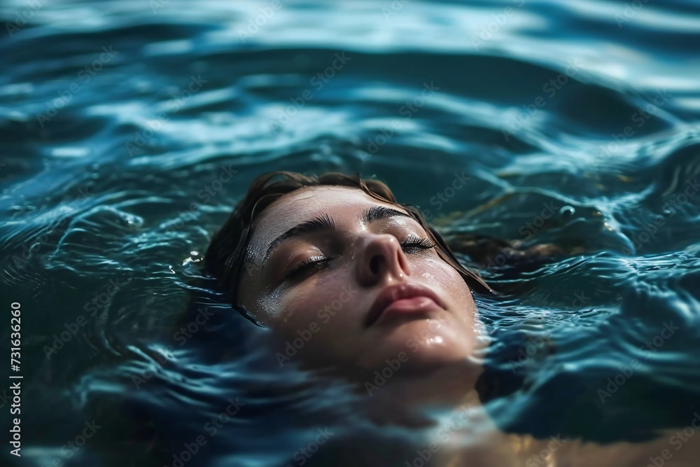 Serene woman floating in the tranquil water.