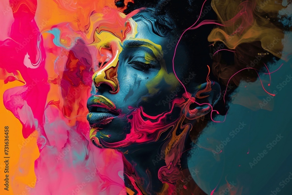 Surreal portrait of a radiant black woman in vibrant colors.