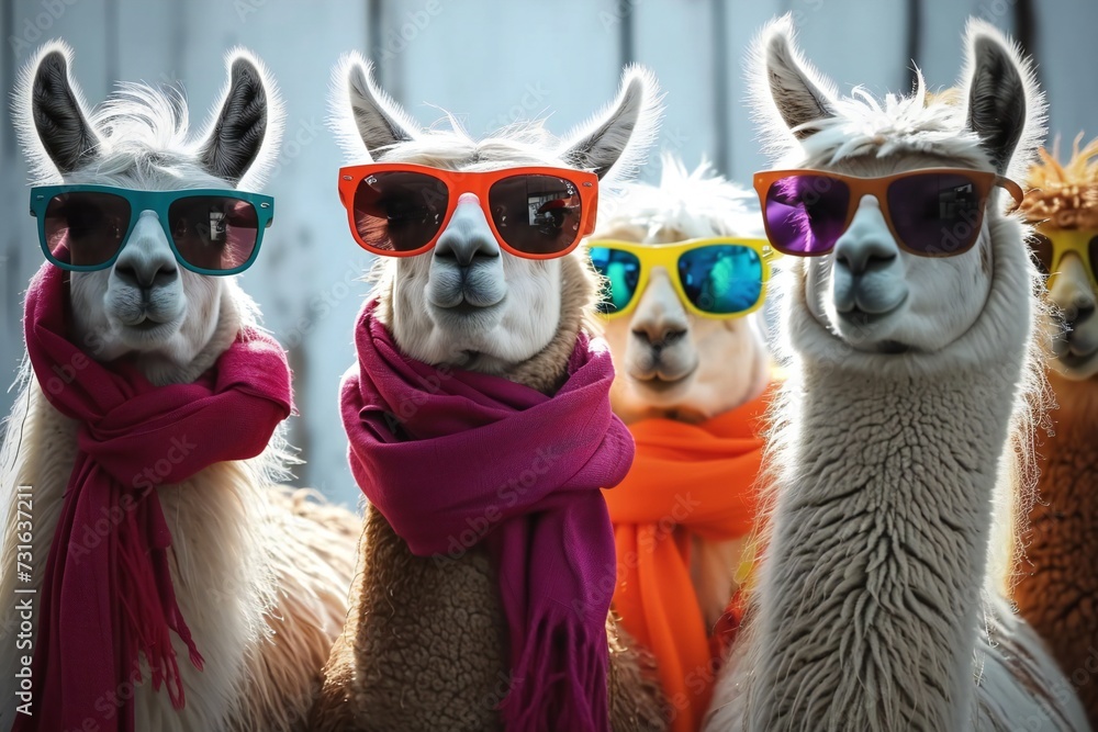 Cool llamas in scarves and sunglasses.
