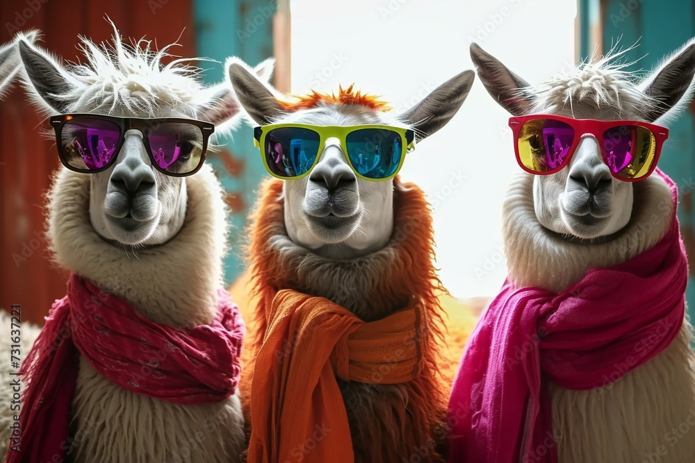 Cool llamas in scarves and sunglasses.