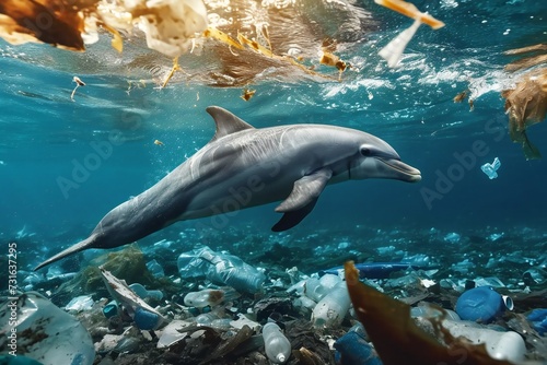 Dolphin swimming gracefully around the trashy ocean.