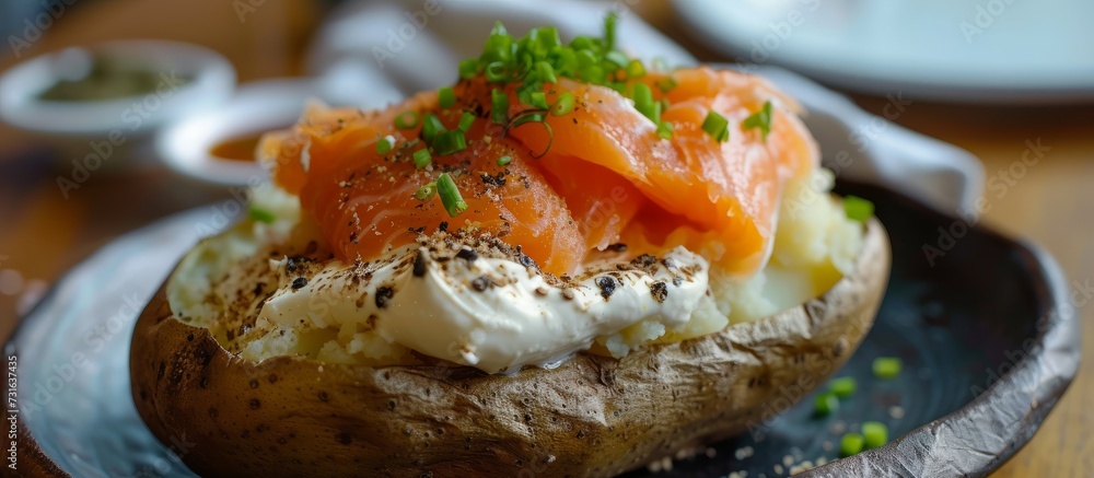A comforting and delicious dish of smoked salmon and sour cream stuffed in a baked potato, served on a plate. A comforting and delicious dish of smoked salmon and sour cream stuffed in a baked potato, served on a plate.