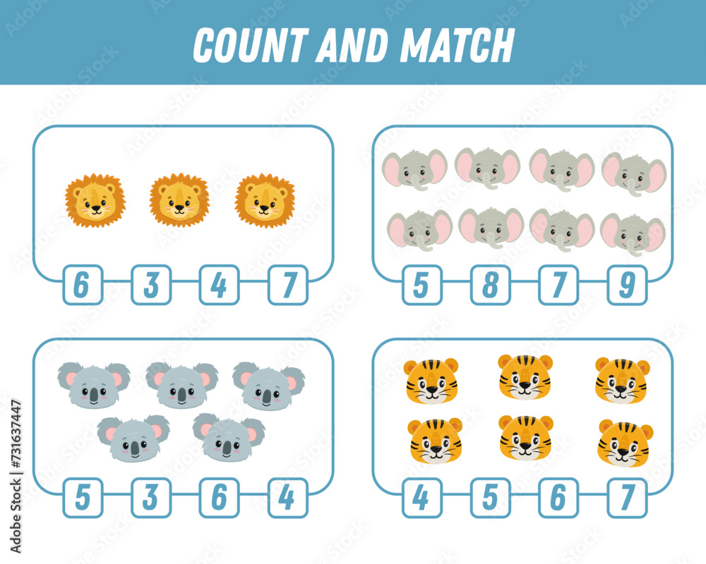 Education game for children count and match of cute cartoon animals, printable worksheet. Vector