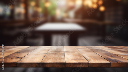 Empty wooden table with blur restaurant background