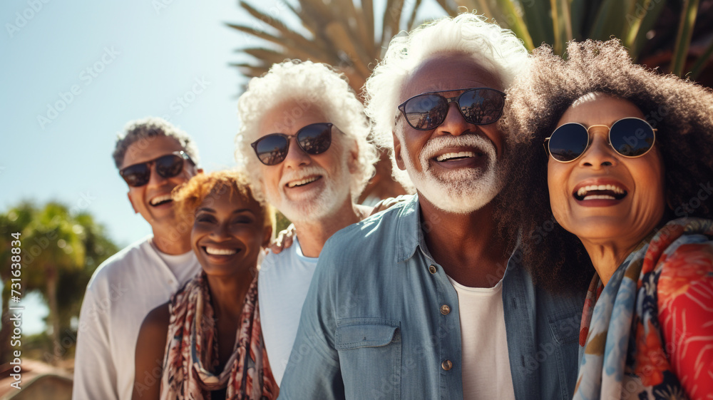 Group of diverse cheerful fun happy multiethnic elderly friends outdoors Group of diverse cheerful fun happy multiethnic elderly friends outdoors