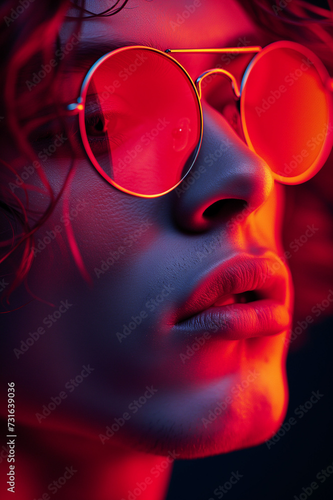 red tinted glasses face close up