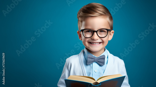 little boy smiling with book on a blue background back to school concept