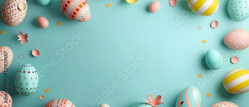 Colorful Easter chocolate eggs with paper cut cherry blossom flowers flat lay on blue background. Trendy Easter Eggs banner. Springtime festive holiday banner for ad with copy space for text. Raster.