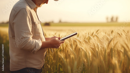 male farmer hand using tablet in wheat field with to keep digital tax record photo
