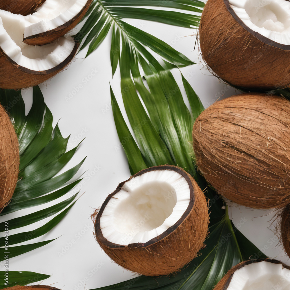 coconuts and palm leaves on white background