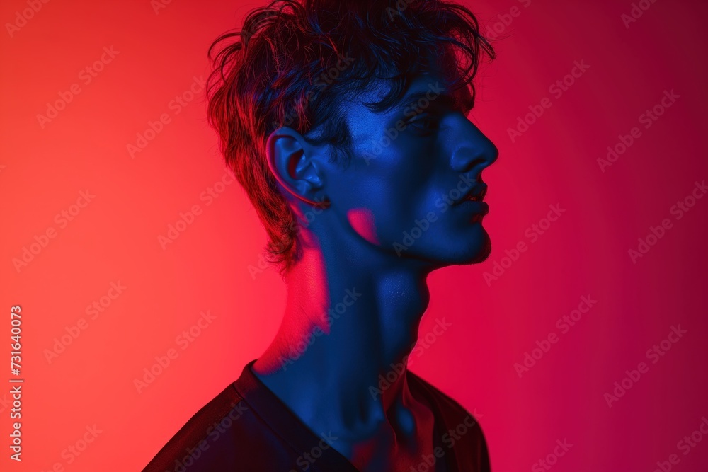 A sensual fashion portrait of a thin young man wearing a black shirt, set against a vibrant red and blue color