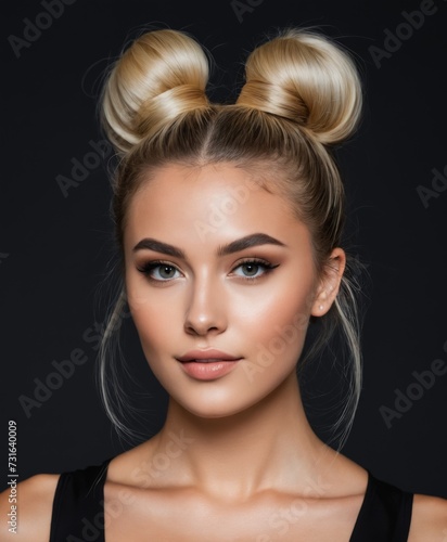 a woman with a bun in her hair and a red lipstick on her lips