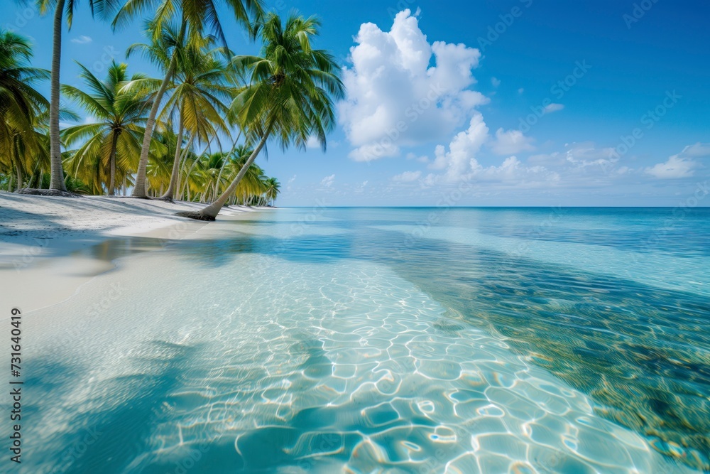 Inviting tropical beach with palm trees leaning over the crystal-clear turquoise ocean water on a sunny day