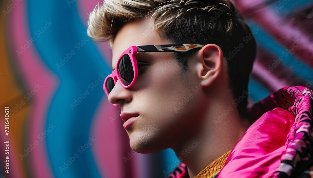 Stylish young man with pink sunglasses.