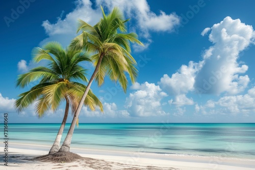 Two tall palm trees sway on a deserted sandy beach against a backdrop of azure sky and white clouds