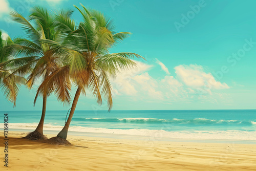 Sandy tropical beach scene with lush palm trees swaying over a tranquil azure ocean under a clear blue sky