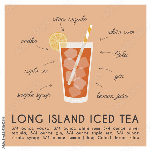 Long Island Iced Tea Cocktail in glass garnished with lime slice. Classic alcoholic beverage recipe. Popular summer aperitif square banner. Minimalist poster with alcoholic drink. Vector illustration.