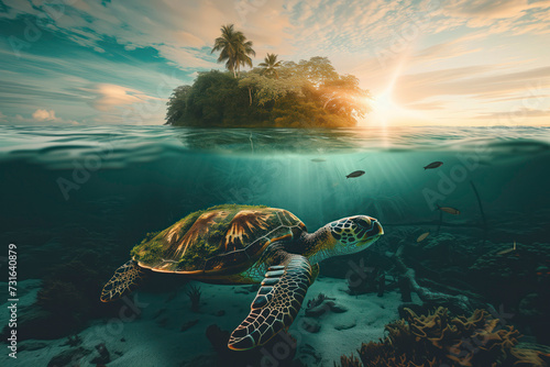 Dramatic underwater view of a sea turtle against a sunset, with striking sunrays piercing through the ocean surface photo