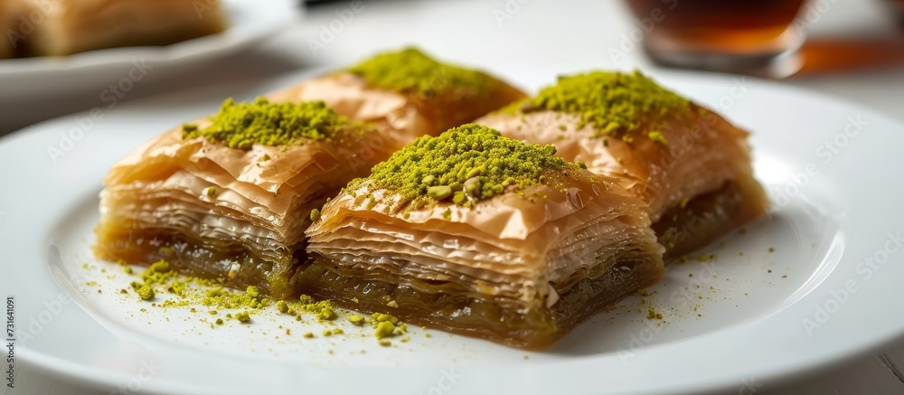 A mouthwatering close-up of baklava, a delicious baked dish made with pistachios, a popular ingredient in Middle Eastern cuisine. A mouthwatering close-up of baklava, a delicious baked dish made with pistachios, a popular ingredient in Middle Eastern cuisine.