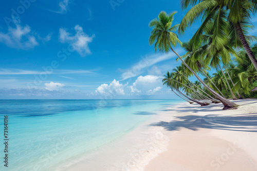 A pristine  deserted beach with crystal clear waters and leaning palm trees  evoking a sense of paradise
