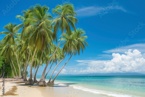 A picturesque view of tall palm trees on a sunlit tropical beach with clear blue waters and a sandy shore