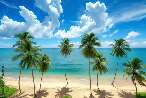 Bright sunny day at a tropical beach with coconut palms creating the perfect backdrop for summer vacations