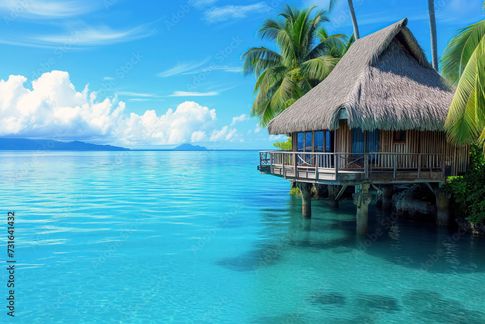 Idyllic scene of a thatched roof bungalow extending over tranquil blue sea with lush palm trees and clear sky Idyllic scene of a thatched roof bungalow extending over tranquil blue sea with lush palm trees and clear sky
