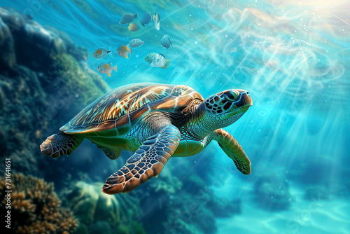 A colorful sea turtle swimming underwater with sunlight piercing through the ocean surface