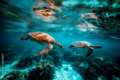 A captivating view of two turtles swimming beneath the water surface, with refracted light patterns