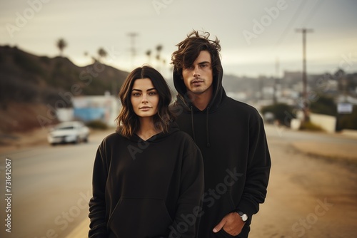 Man and woman wearing mock up black hoodies