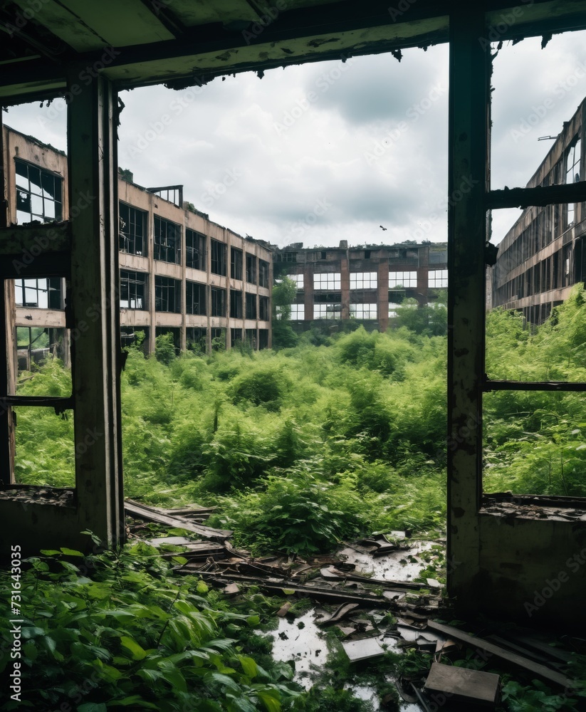 A gritty, first-person perspective of an industrial wasteland overtaken by a lush, green overgrowth