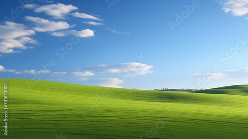 An idyllic and tranquil nature landscape capturing rolling green hills beneath a clear blue sky adorned with wispy clouds. 
