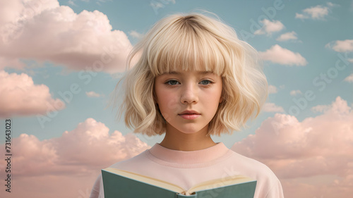 Young girl is holding a book set against a beautiful sky with clouds. Creative photography. Pastel blue and pink colors.
