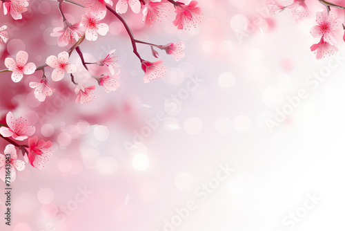 background with spring cherry blossom. Sakura branch in springtime with falling petals and blurred transparent elements