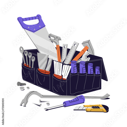 Builder toolkit with different work instruments. Engineer toolbox for building, repair home. Saw, crowbar, screwdrivers, spanners in tool box. Flat isolated vector illustration on white background