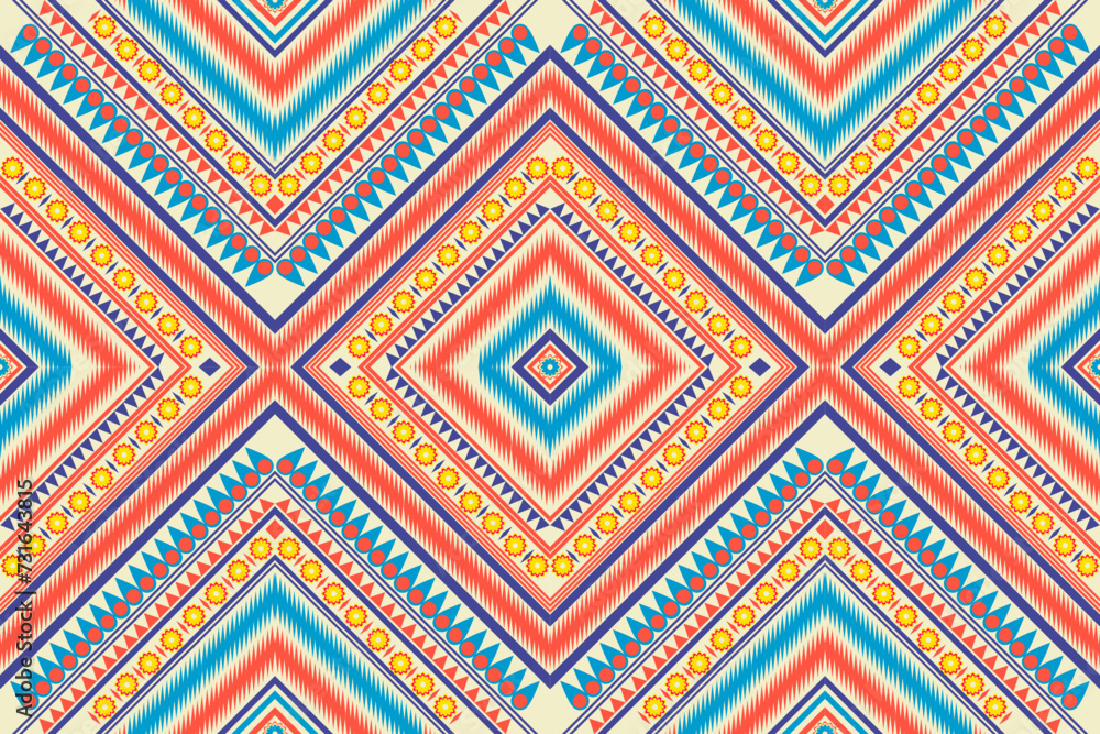 Vibrant tribal pattern with ikat geometric shapes and ethnic motifs in seamless pattern