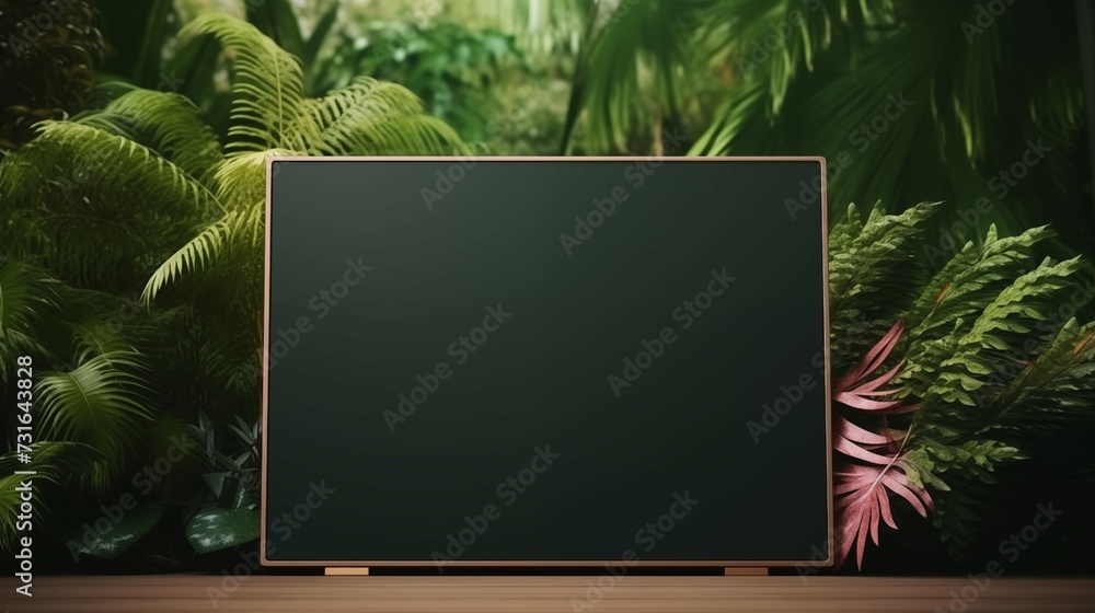 A 3D rendering of a blackboard surrounded by a variety of tropical leaves.
