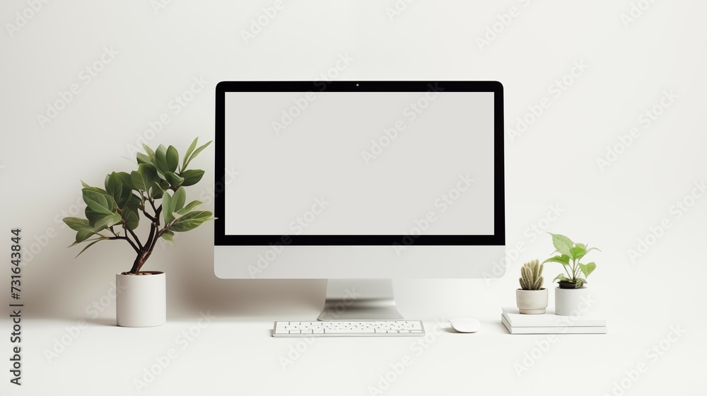 A blank screen on desktop computer on a white desk. A blank screen on desktop computer on a white desk.