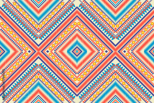 Vibrant tribal pattern with ikat geometric shapes and ethnic motifs in seamless pattern